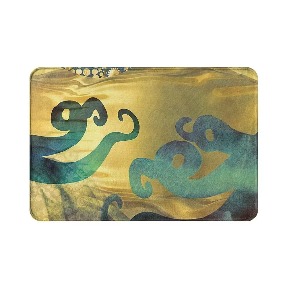 Ausgefallene Badematte mit kunstvollem Muster in Gold- und Blautönen.