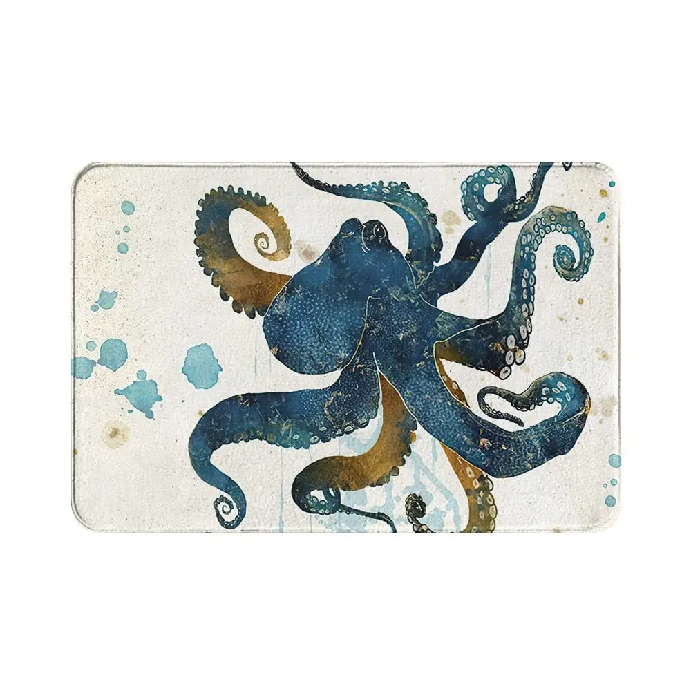 Ausgefallene Badematte mit Oktopus-Motiv, blau-gold, Badezimmer-Textil, kreativ.