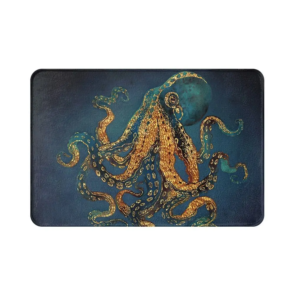 Ausgefallene Badematte mit Oktopus-Motiv, dunkelblau-gold, für Badezimmer.