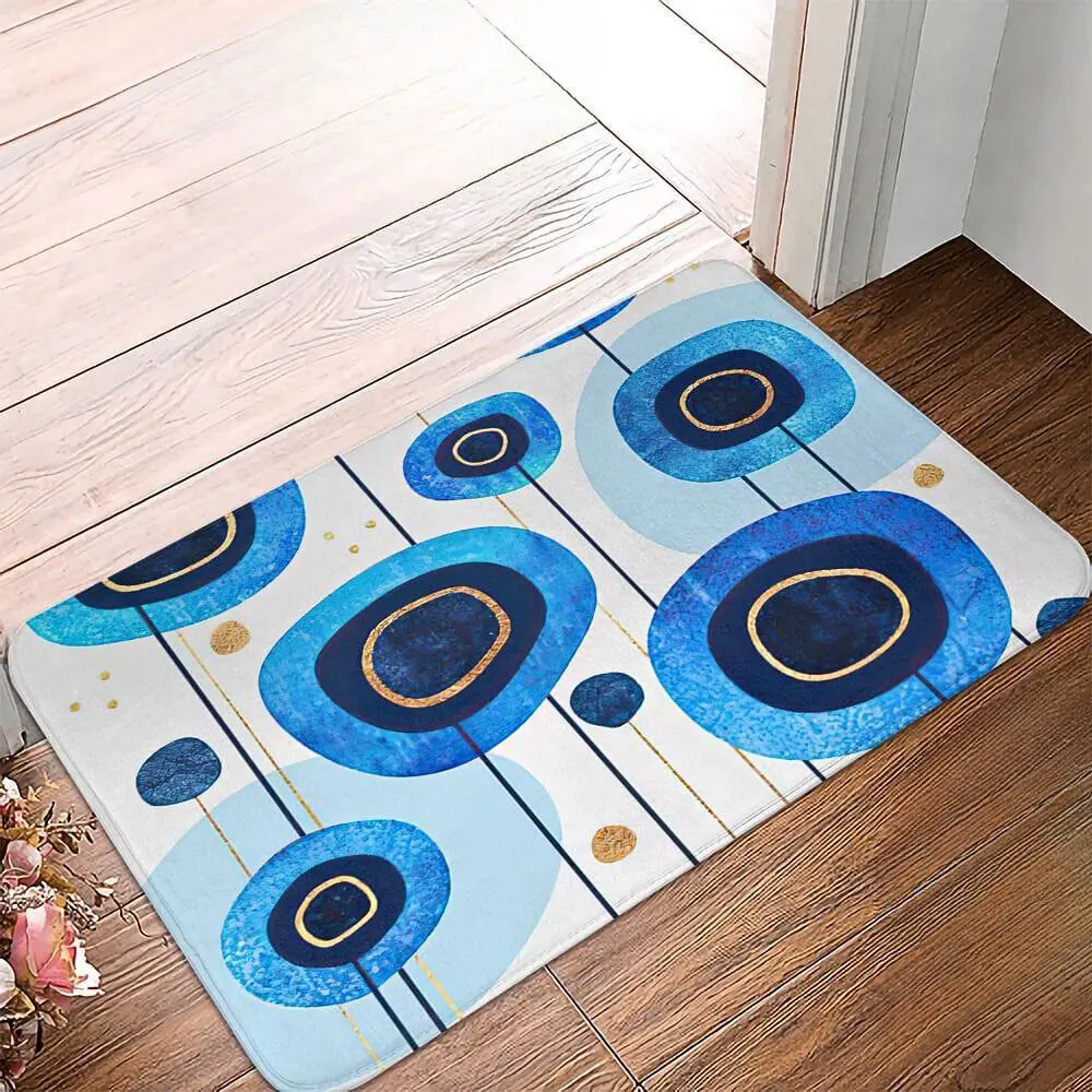 Badematte Blau Weiss mit modernem Kreismuster, ideal für Badezimmer und Eingangsbereich.