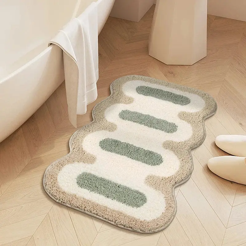 Runde Badezimmermatte mit grün-weißem Muster, weiches Material, ideal für Bad und Dusche.