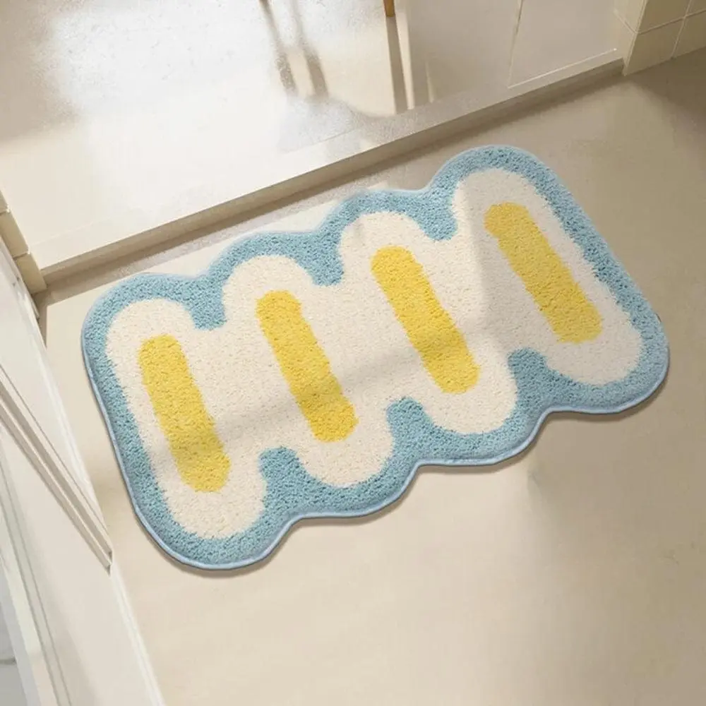 Runde Badezimmermatte mit Wellenmuster in Blau, Weiß und Gelb, ideal für moderne Badezimmer.