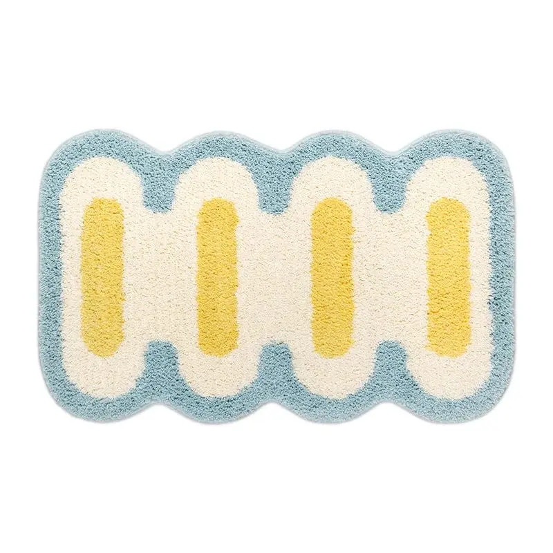 Runde Badezimmermatte mit Wellenrand in Blau, Weiß und Gelb, weicher Hochflor-Teppich.