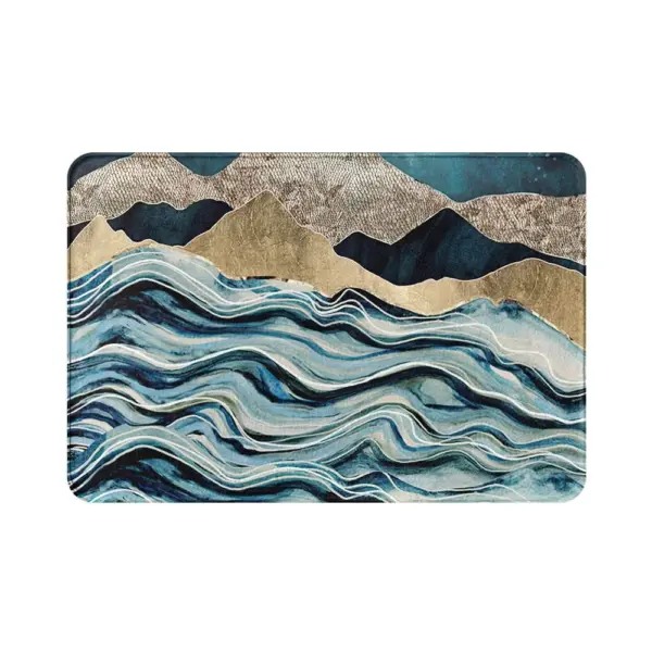 Blauer Badezimmerteppich mit Wellen- und Bergmotiv, modernes Design für Badezimmer.