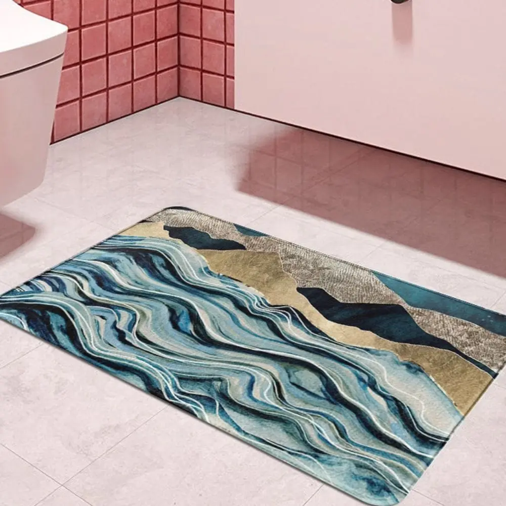 Blauer Badezimmerteppich mit Wellenmuster, modernes Design für Badezimmer.