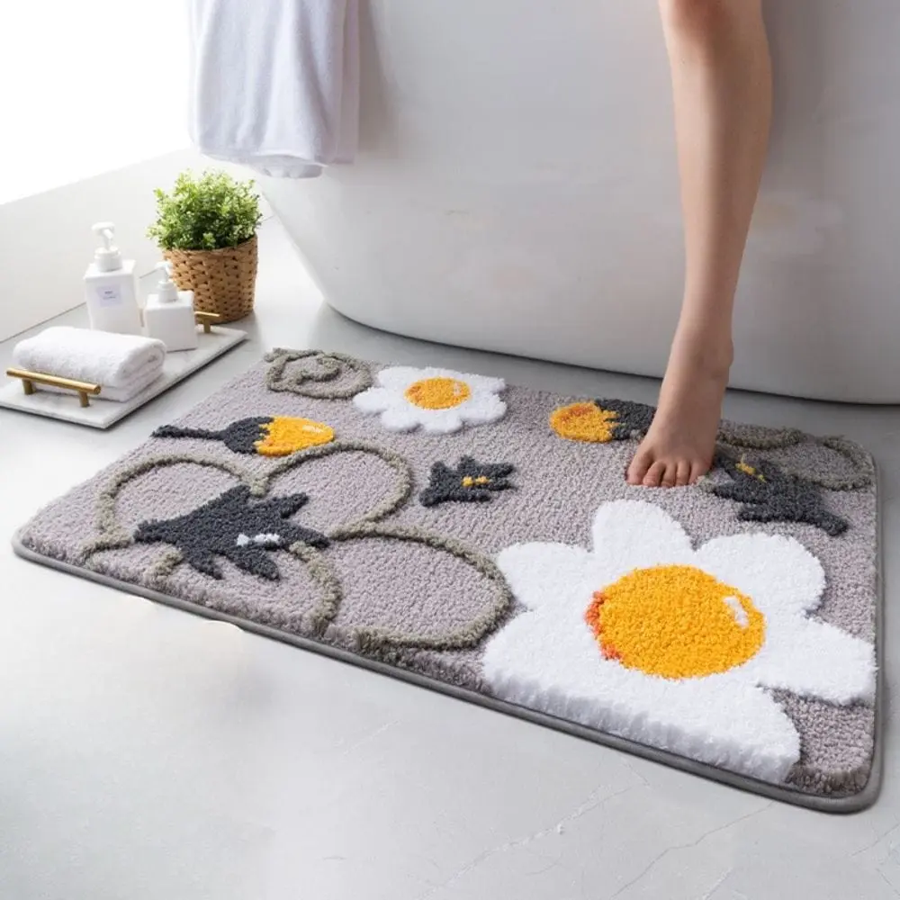 Badezimmerteppich mit Blumenmuster, grau-weiß-gelb, weich, für Bad und Dusche.