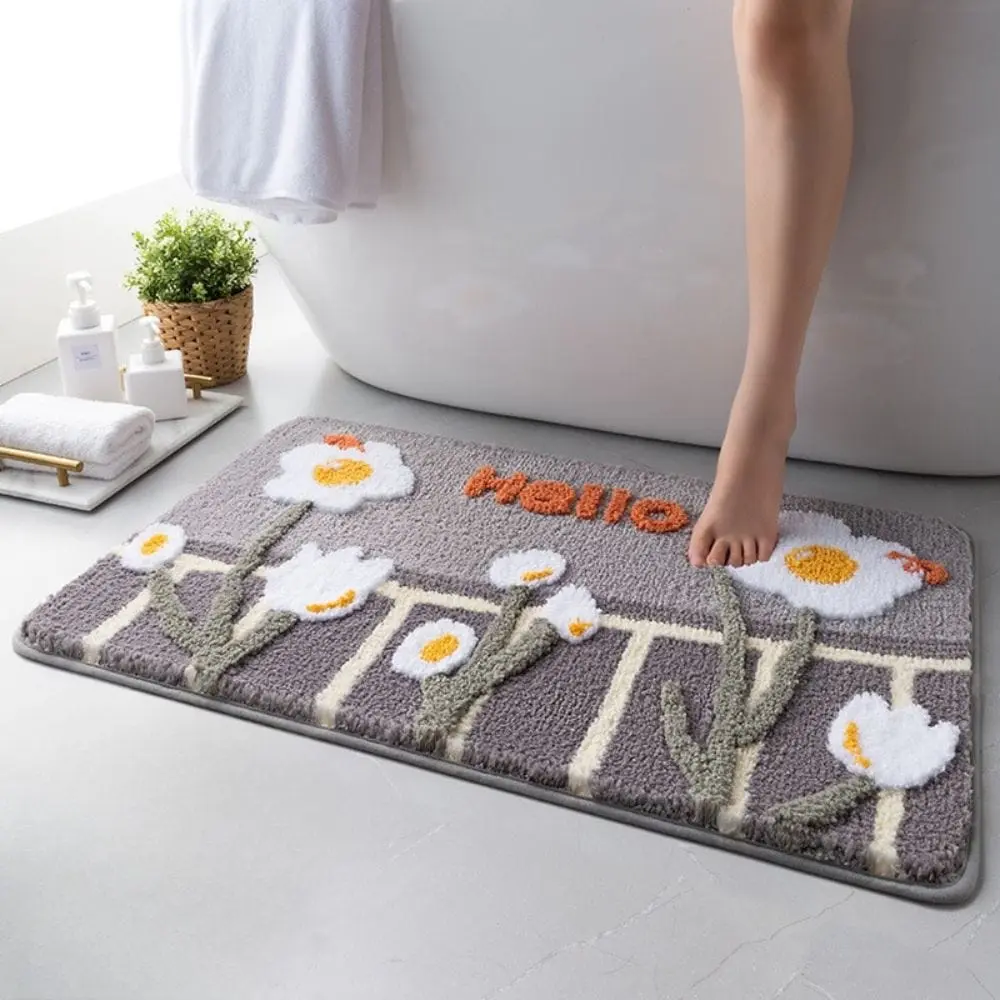 Badezimmerteppich mit Blumenmuster und Hello-Aufdruck, grau, weich, für Badematte.