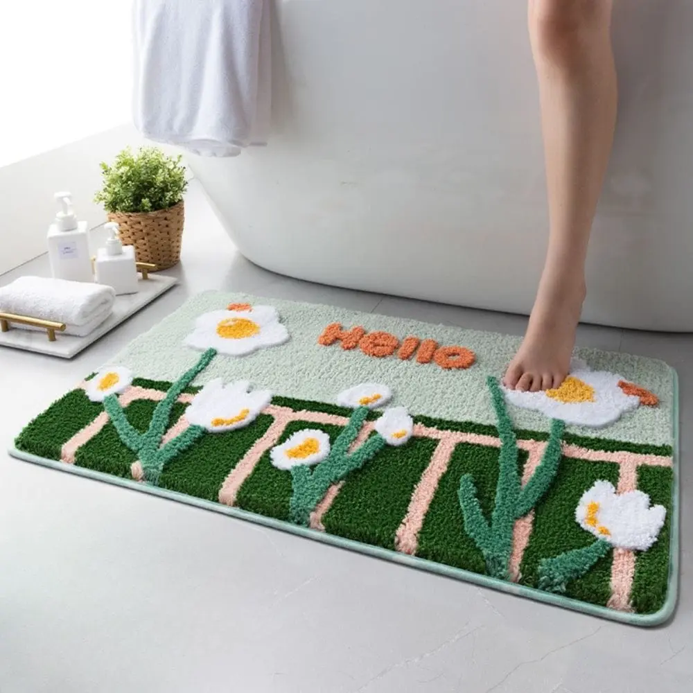 Badezimmerteppich mit Blumenmuster und Hello-Aufdruck, grün-weiß, weich, für Badematte.
