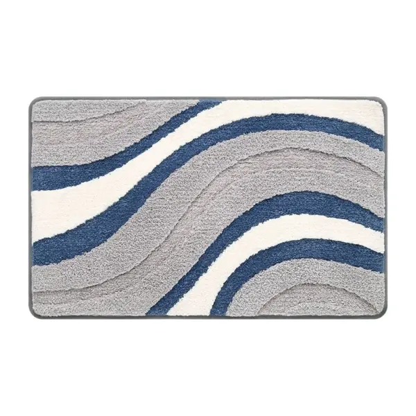 Dunkelgrauer Badezimmerteppich mit wellenförmigem Muster in Blau und Weiß, ideal für moderne Badezimmer.
