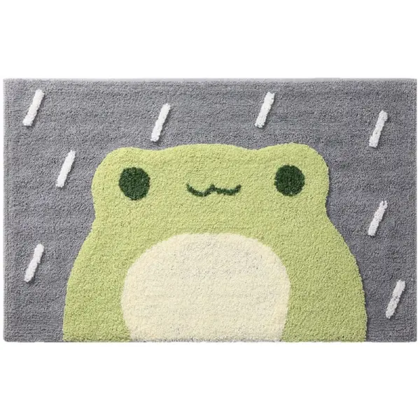 Badezimmerteppich mit Frosch-Motiv, grün auf grauem Grund, für Kinderbad.