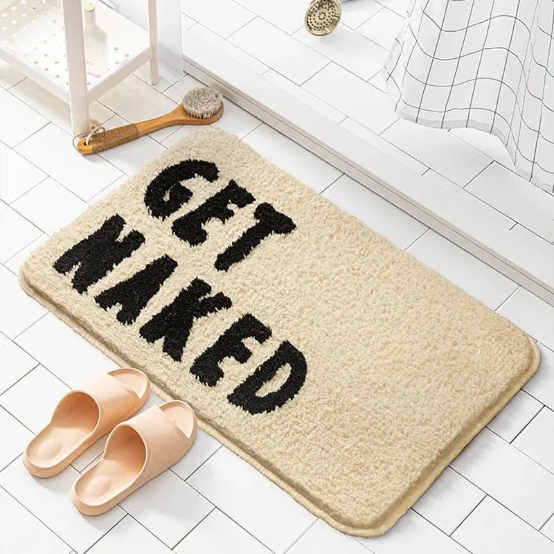Badezimmerteppich mit Aufschrift Get Naked, cremefarben, für Bad, weich und rutschfest.