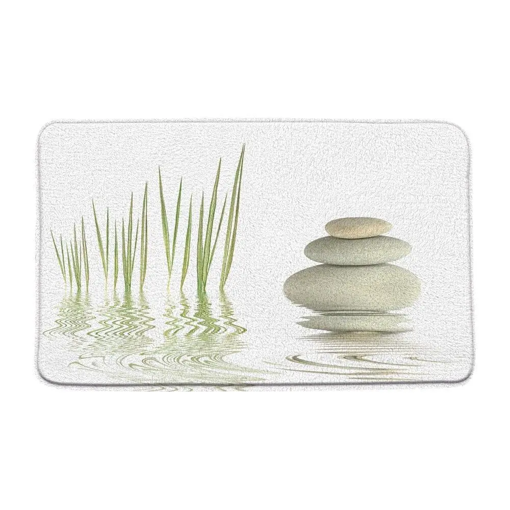 Hochflor-Badezimmerteppich mit Zen-Motiv, Steinpyramide und Grasreflexion, weiss, rutschfest.