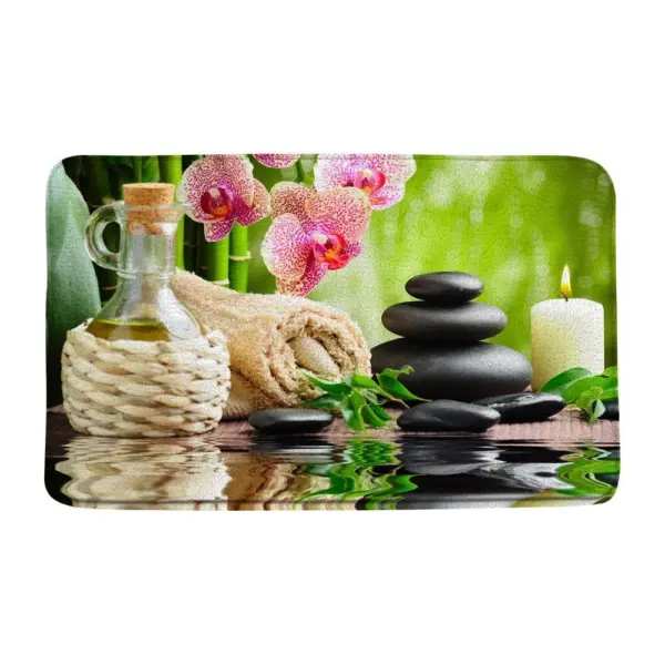 Hochflor-Badezimmerteppich mit Wellness-Motiv, Orchideen, Steine und Kerze.
