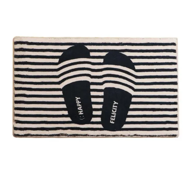 Badezimmerteppich Klassisch mit schwarz-weißen Streifen und Schuhmotiv, ideal für Badezimmer.