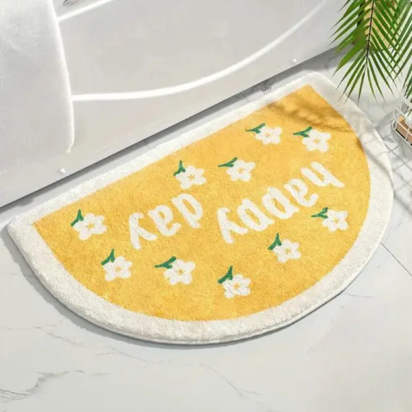 Lustiger Badezimmerteppich mit Schrift 'Keep Calm' und Blumenmuster, gelb, Badezimmer-Textil.