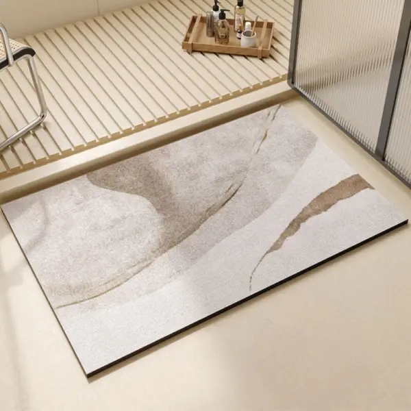 Modern Badezimmerteppich mit abstraktem Marmor-Muster, gross, weiss-braun, rutschfest, für Badezimmer.