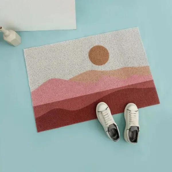 Badteppich Art-Déco mit Sonnenmotiv, farbige Wellen, modernes Design für Badezimmer.