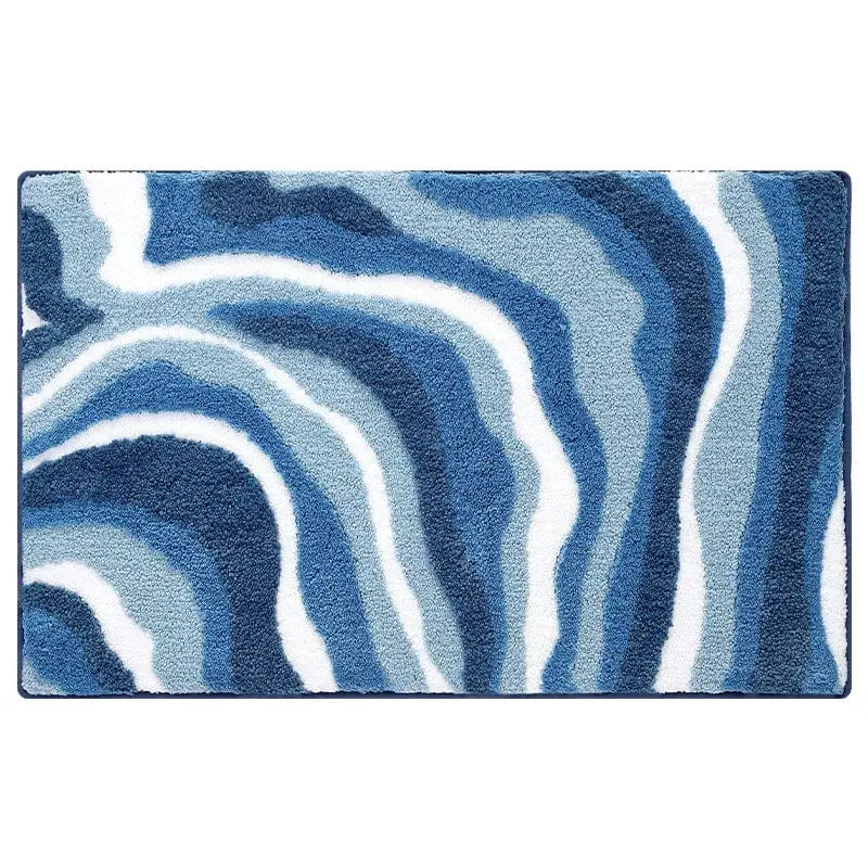 Badteppich Baumwolle mit blau-weißem Wellenmuster, weich und strapazierfähig fürs Badezimmer.
