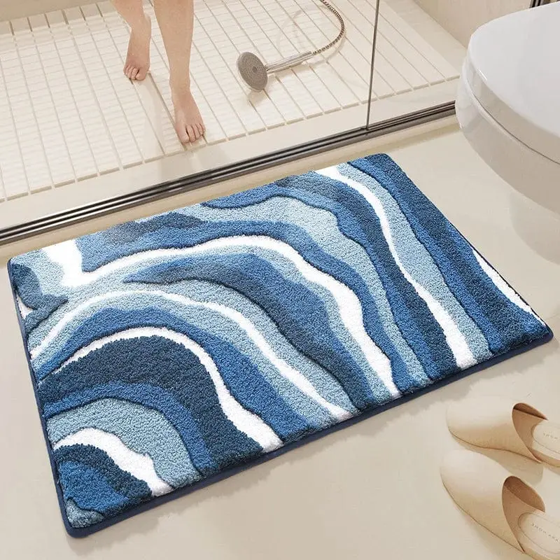 Badteppich Baumwolle blau-weiß wellenförmig, Badezimmermatte mit weichem Material.