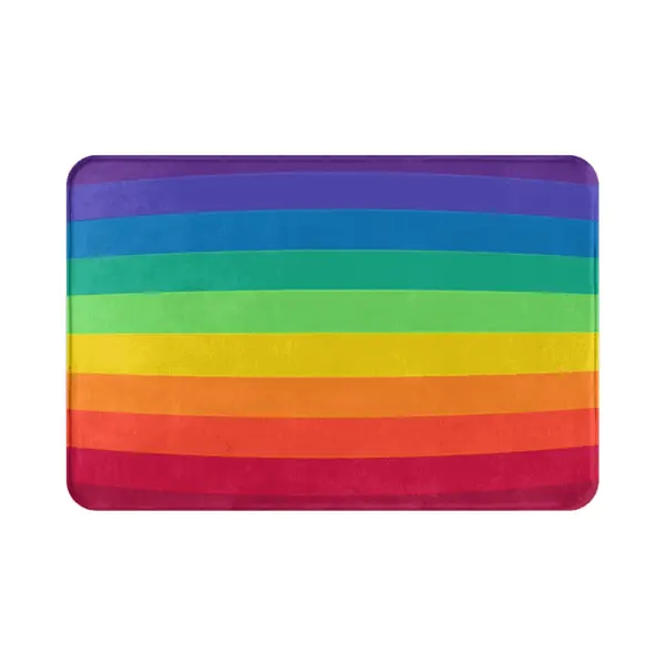 Bunt gestreifter Badteppich mit Regenbogenfarben, ideal für Badezimmer.