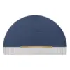Blauer Halbkreis-Badteppich mit goldener Akzentleiste und grauem Rand, modernes Design für Badezimmer.