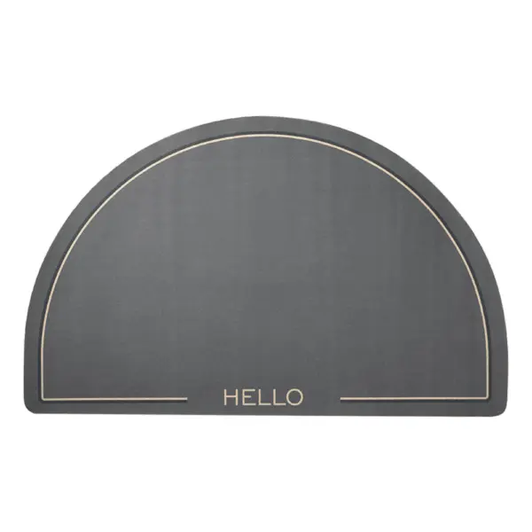 Halbkreis Badteppich mit Hello Aufschrift, grau, modernes Badezimmer-Design.