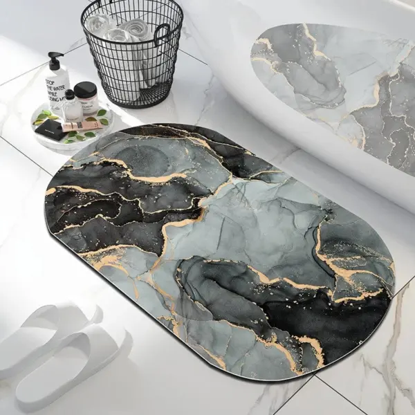 Badteppich Marmoroptik schwarz-grau-gold, runder Badezimmer-Teppich mit luxuriösem Design.
