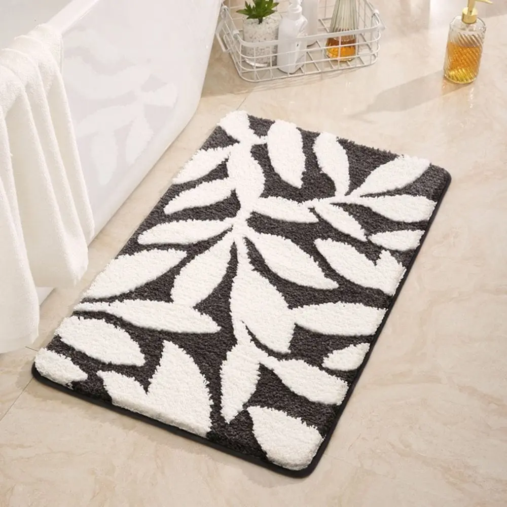 Badteppich mit Mint-Blättern Muster, schwarz-weiß, weicher Fleece-Badematte für Badezimmer.