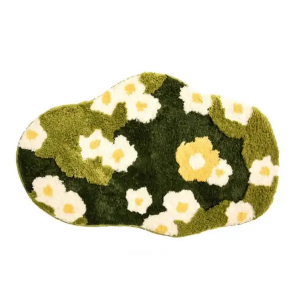 Badteppich mit Blumenmuster aus Naturmaterial in Grün-Weiss-Gelb, runder Form.