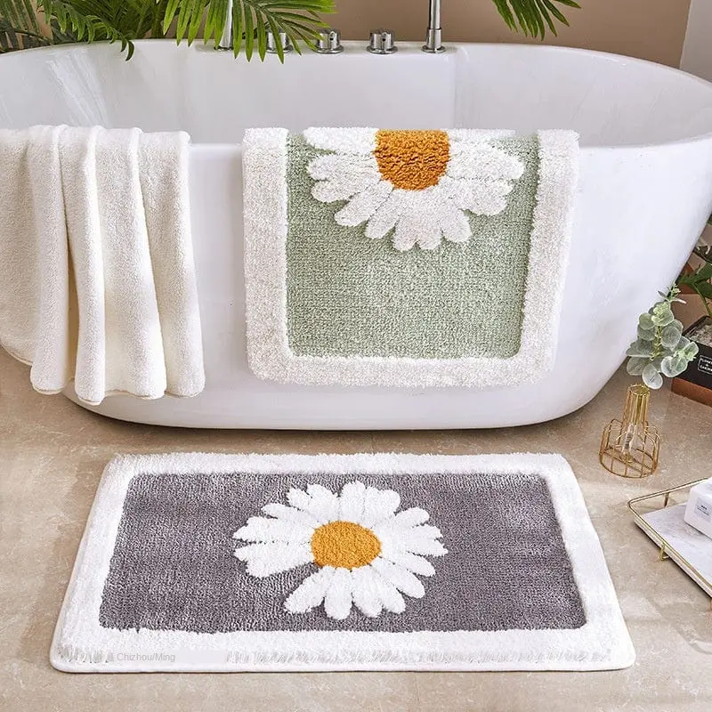 Badteppich Orchidee mit Kissenblume, grau-weiß, für Badezimmer, weiches Material.