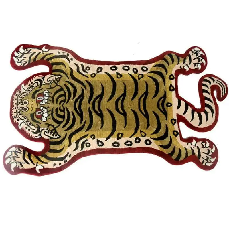 Badteppich Tiger-Form, originale Form, Badezimmer-Teppich, gestrickt, tiger-motiv, gross, farbe rot-gelb-schwarz.