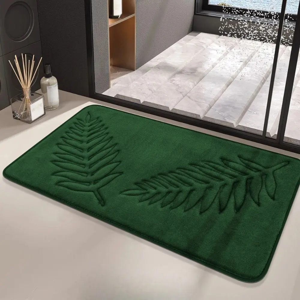Grüner Badteppich mit Pflanzenmotiv, weicher Fleece-Teppich für Badezimmer.