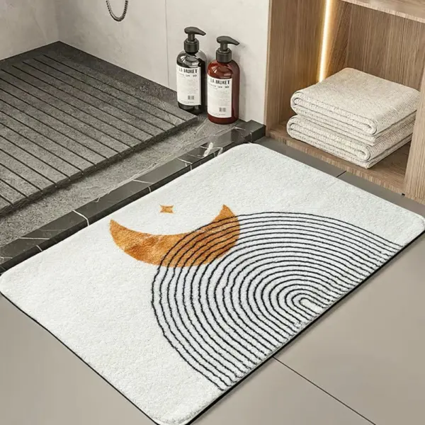 Rechteckiger Badteppich mit Mond- und Spiralmuster, weiss-orange, modernes Badezimmerdesign.