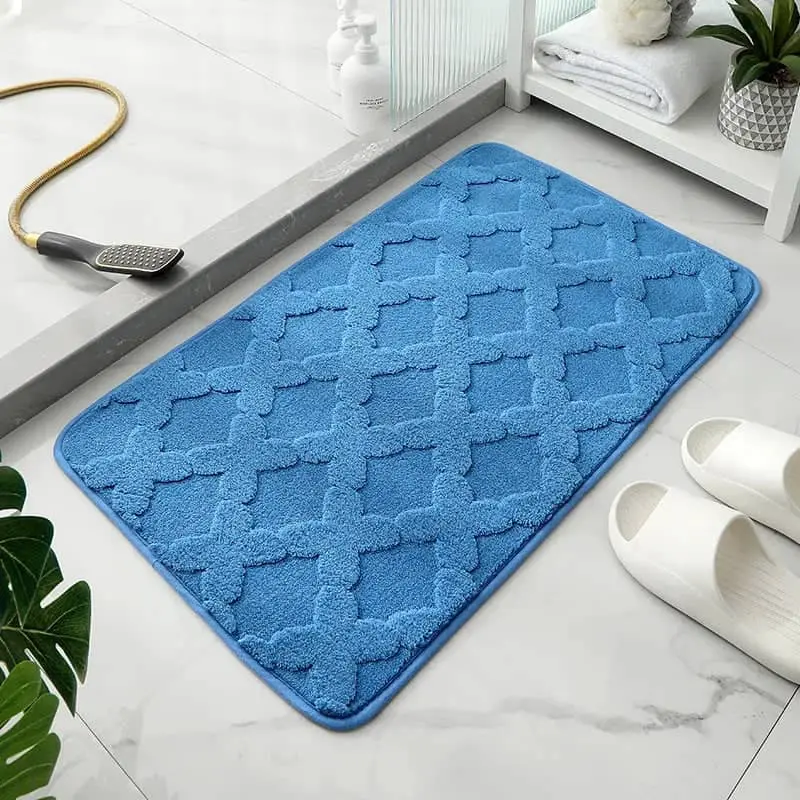 Blauer Badteppich Mikrofaser mit Muster, saugfähig, für Badezimmer.