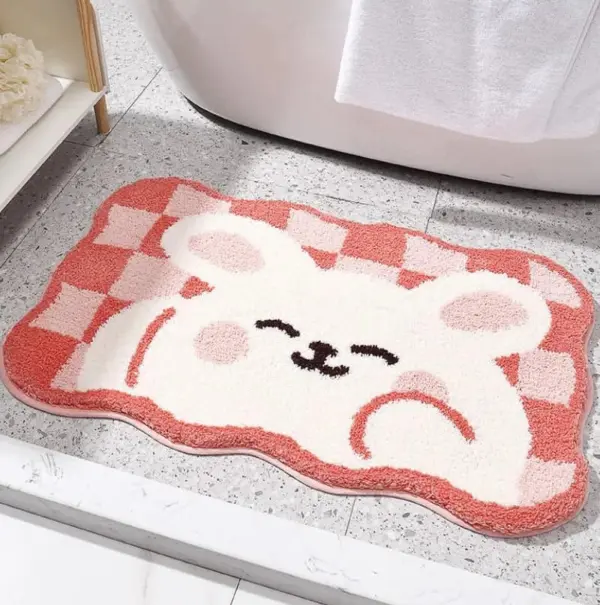 Badteppich mit Schachbrettmuster und niedlichem Bärenmotiv, rosa-weiß, Badezimmer-Textil.