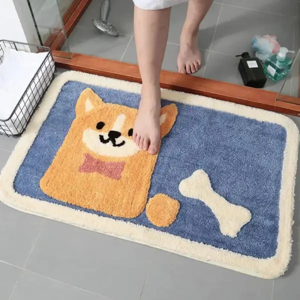 Badteppich mit Hundemotiv, blau-orange, Badezimmer, weich, tierisch, Anti-Rutsch.