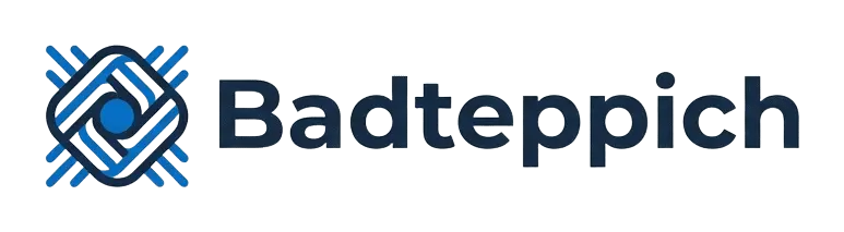 Logo Badteppich – Markenlogo mit geometrischem Muster und blauer Farbgebung.