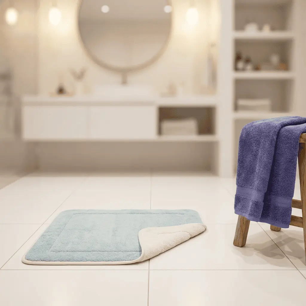 Badteppich in hellblau mit weissem Rand, weiches Material, ideal für Badezimmer.