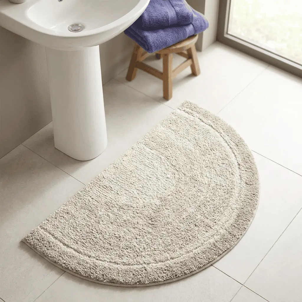 Halbrund Badteppich in Grau, weiches Material, für Badezimmer mit Waschbecken.