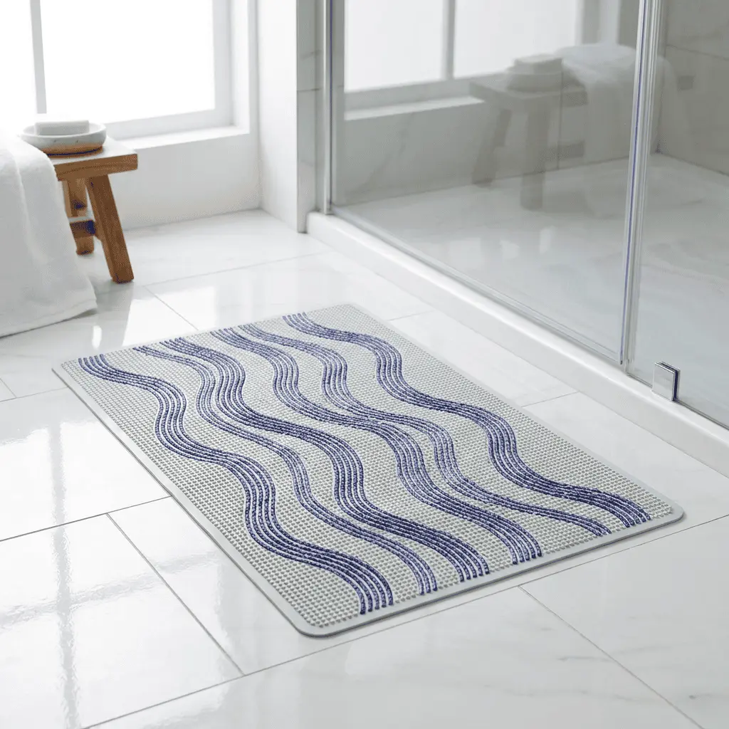 Badteppich mit wellenförmigem Muster in Blau-Weiss, ideal für moderne Badezimmer.