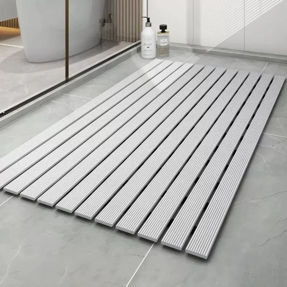 Duschvorleger Holz, modernes Design, Badezimmer, grau, rutschfest, Badteppich.