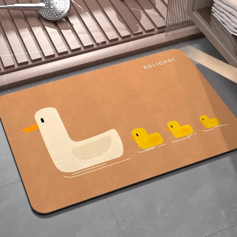 Enten-Badematte mit grosser Ente und drei kleinen Entlein, braun, für Badezimmer.