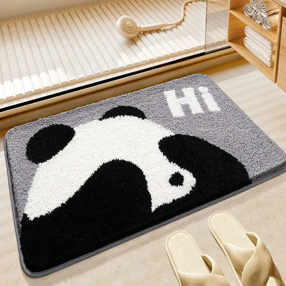 Jumbo Badezimmerteppich mit Panda-Motiv, grau-schwarz, weich, für Badezimmer.