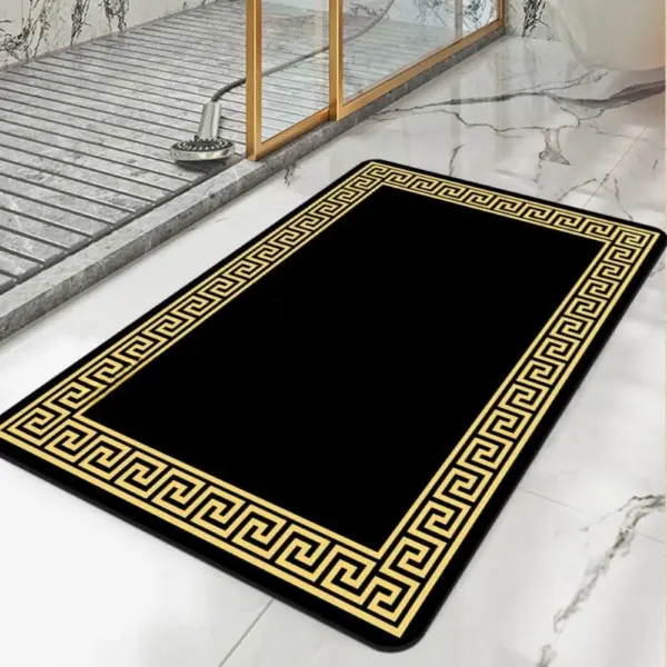 Luxus Badteppich schwarz mit goldfarbener griechischer Ornament-Rand, ideal für modernes Badezimmer.