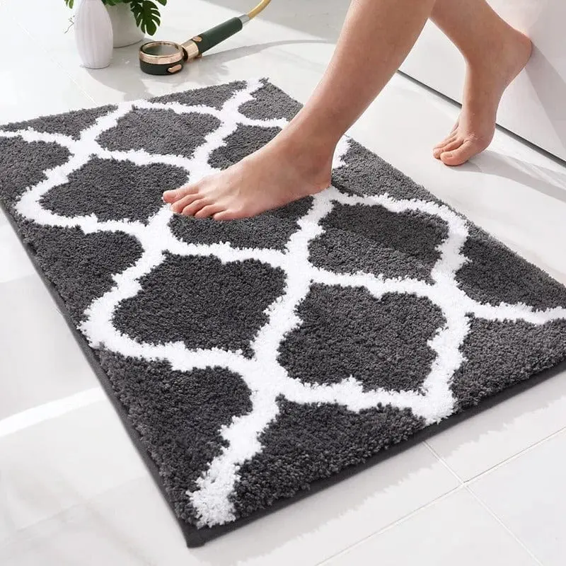 Meusch Badteppich grau-weiss, geometrisches Muster, weicher Hochflor, ideal für Badezimmer.