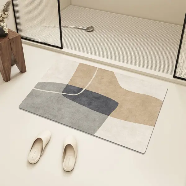 Natürliche Diatomit-Badezimmermatte mit abstraktem Muster, grau-beige, für trocknendes Bad.