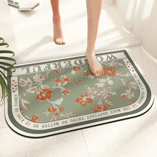 Orchidee Halbmond-Badematte mit floraler Motiv und inspirierenden Sprüchen, grün-orange, Badezimmer-Textil.