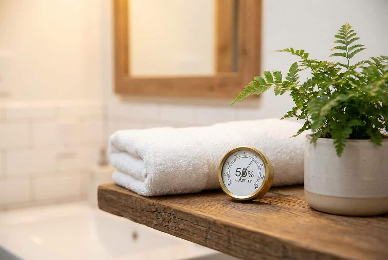 Hygrometer auf einem Badezimmerregal neben Handtuch und Pflanze