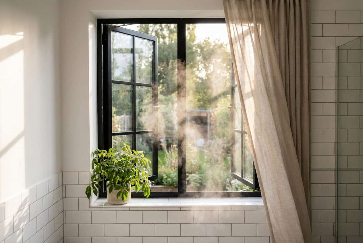Weit geöffnetes Badezimmerfenster mit frischer Luft und Pflanze