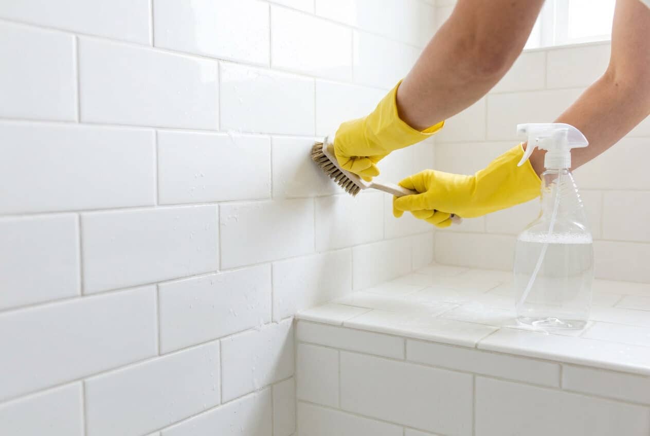 Fliesenfugen in der Dusche werden mit Bürste und Sprühflasche gereinigt